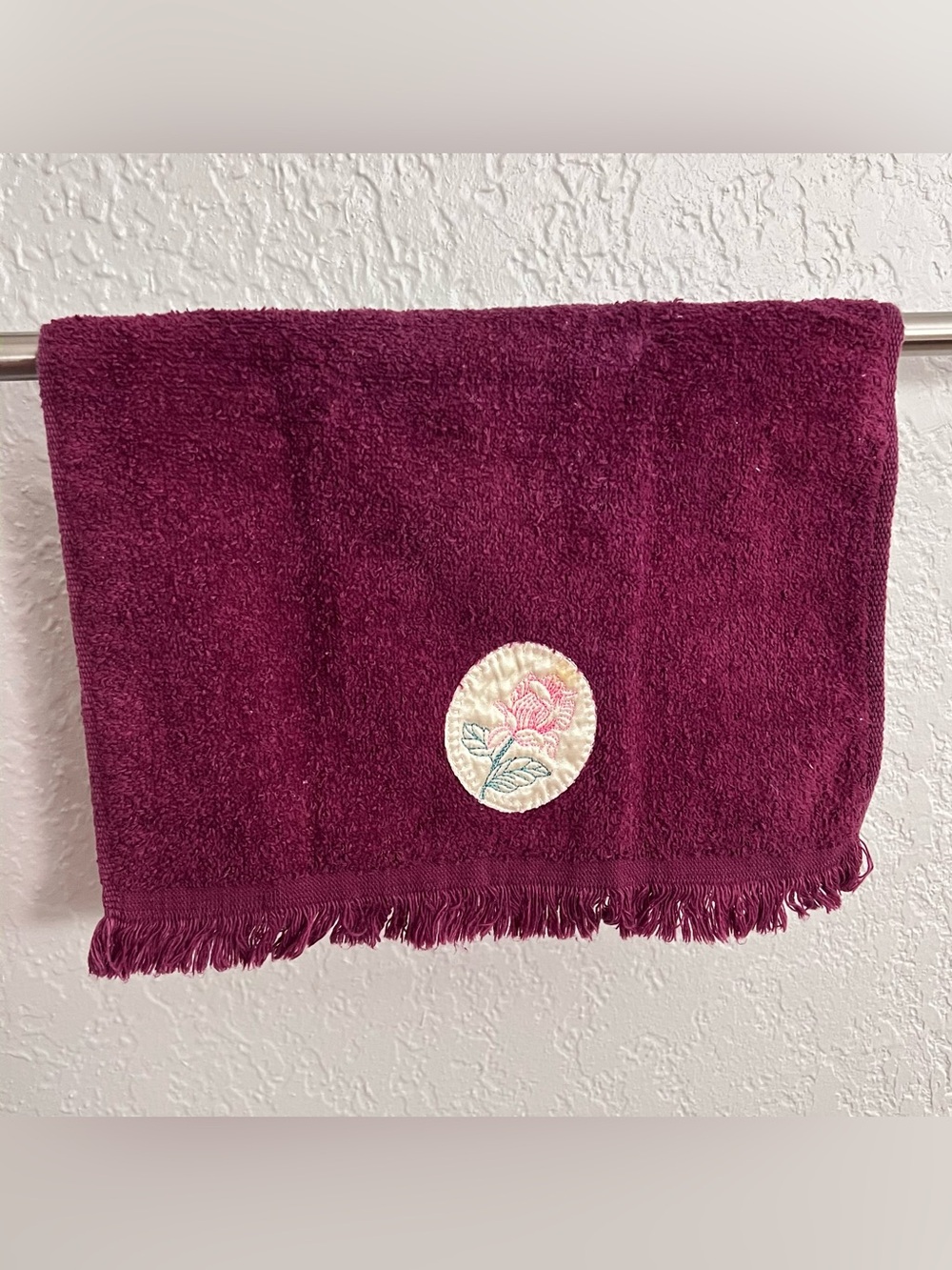 Vintage Cannon Burgundy Rose Embroidered Hand Towel Made USA